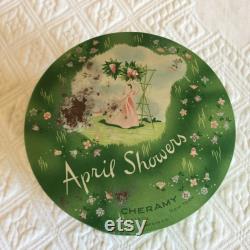 Vintage April Showers Cheramy Powder Box. Green with Small Flowers and Lovely Girl with Parasol. Metal Painted Box from New York.