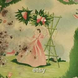 Vintage April Showers Cheramy Powder Box. Green with Small Flowers and Lovely Girl with Parasol. Metal Painted Box from New York.