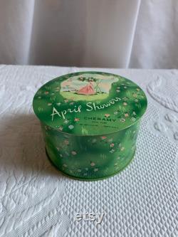 Vintage April Showers Cheramy Powder Box. Green with Small Flowers and Lovely Girl with Parasol. Metal Painted Box from New York.