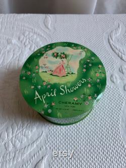 Vintage April Showers Cheramy Powder Box. Green with Small Flowers and Lovely Girl with Parasol. Metal Painted Box from New York.