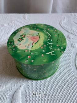 Vintage April Showers Cheramy Powder Box. Green with Small Flowers and Lovely Girl with Parasol. Metal Painted Box from New York.