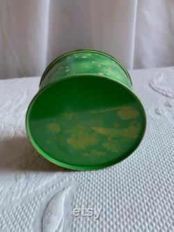 Vintage April Showers Cheramy Powder Box. Green with Small Flowers and Lovely Girl with Parasol. Metal Painted Box from New York.