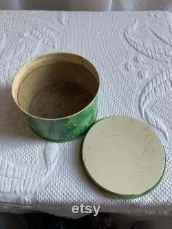 Vintage April Showers Cheramy Powder Box. Green with Small Flowers and Lovely Girl with Parasol. Metal Painted Box from New York.