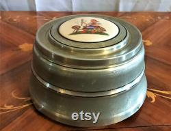 Vintage Art Deco Aluminum Beehive Powder Box with Glass Insert, Tile Insert With Lady And Spinning Wheel On Lid