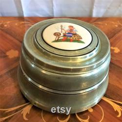 Vintage Art Deco Aluminum Beehive Powder Box with Glass Insert, Tile Insert With Lady And Spinning Wheel On Lid