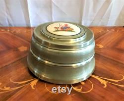 Vintage Art Deco Aluminum Beehive Powder Box with Glass Insert, Tile Insert With Lady And Spinning Wheel On Lid