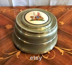 Vintage Art Deco Aluminum Beehive Powder Box with Glass Insert, Tile Insert With Lady And Spinning Wheel On Lid