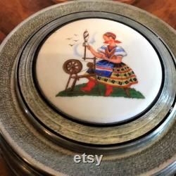 Vintage Art Deco Aluminum Beehive Powder Box with Glass Insert, Tile Insert With Lady And Spinning Wheel On Lid