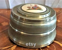 Vintage Art Deco Aluminum Beehive Powder Box with Glass Insert, Tile Insert With Lady And Spinning Wheel On Lid