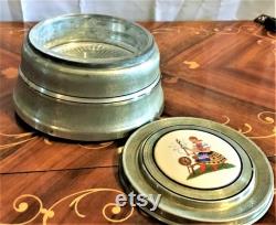 Vintage Art Deco Aluminum Beehive Powder Box with Glass Insert, Tile Insert With Lady And Spinning Wheel On Lid