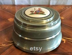 Vintage Art Deco Aluminum Beehive Powder Box with Glass Insert, Tile Insert With Lady And Spinning Wheel On Lid