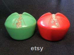 Vintage Art Deco Bakelite Powder Boxes Red and Green Pair