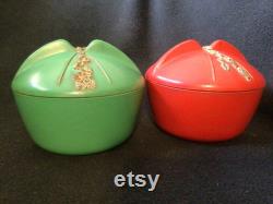 Vintage Art Deco Bakelite Powder Boxes Red and Green Pair