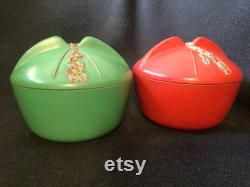 Vintage Art Deco Bakelite Powder Boxes Red and Green Pair