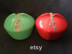 Vintage Art Deco Bakelite Powder Boxes Red and Green Pair