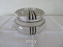 Vintage Art Deco Clear and Etched Glass Powder Bowl and Lid Hand Painted Black and Gold Design 1920's Vanity Trinket Candy