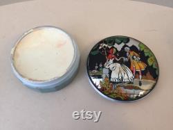 Vintage Art Deco 'Crinoline Lady' Powder, Trinket Box Pale Green on White Glass, Foil Lid, Courting Couple in Garden