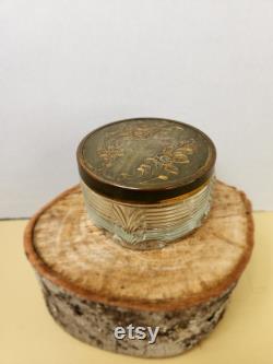 Vintage Art Deco Glass Round Powder Box with Bronzy-Gold Tone Lid