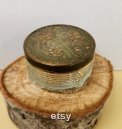 Vintage Art Deco Glass Round Powder Box with Bronzy-Gold Tone Lid