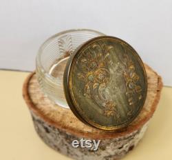 Vintage Art Deco Glass Round Powder Box with Bronzy-Gold Tone Lid