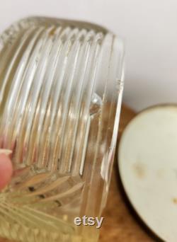 Vintage Art Deco Glass Round Powder Box with Bronzy-Gold Tone Lid