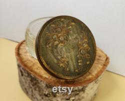 Vintage Art Deco Glass Round Powder Box with Bronzy-Gold Tone Lid