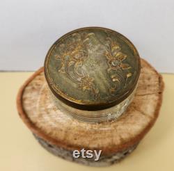 Vintage Art Deco Glass Round Powder Box with Bronzy-Gold Tone Lid