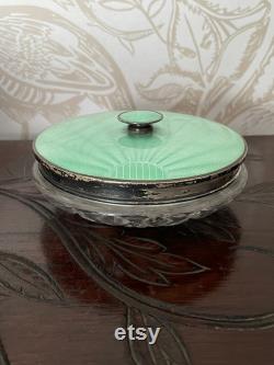 Vintage Art Deco Green Guilloche Enamel Silver and Cut Glass Powder Bowl with Lid Sunburst Design Adie Brothers