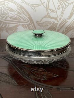 Vintage Art Deco Green Guilloche Enamel Silver and Cut Glass Powder Bowl with Lid Sunburst Design Adie Brothers