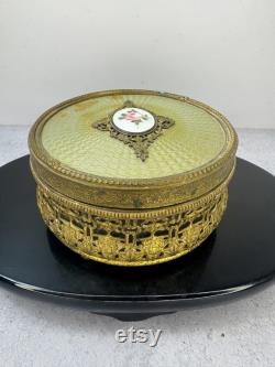 Vintage Art Deco Hollywood Regency brass filigree vanity powder glass trinket box