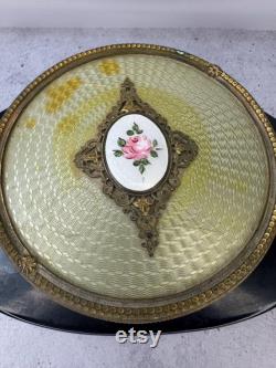 Vintage Art Deco Hollywood Regency brass filigree vanity powder glass trinket box