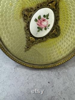 Vintage Art Deco Hollywood Regency brass filigree vanity powder glass trinket box