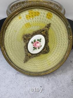 Vintage Art Deco Hollywood Regency brass filigree vanity powder glass trinket box