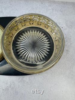 Vintage Art Deco Hollywood Regency brass filigree vanity powder glass trinket box