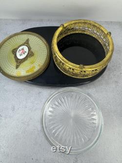 Vintage Art Deco Hollywood Regency brass filigree vanity powder glass trinket box