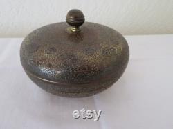 Vintage Art Deco Kinco Brassware (British Metal Kingston Ltd) Powder Bowl and Lid Hand Etched Asiatic Design 1930's Vanity Trinket Candy