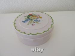 Vintage Art Deco Large Round Ivory Urea Formaldehyde Early Plastic Vanity Trinket Box with Hand Painted Floral Flower Bouquet Design 1930's