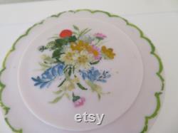 Vintage Art Deco Large Round Ivory Urea Formaldehyde Early Plastic Vanity Trinket Box with Hand Painted Floral Flower Bouquet Design 1930's
