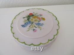 Vintage Art Deco Large Round Ivory Urea Formaldehyde Early Plastic Vanity Trinket Box with Hand Painted Floral Flower Bouquet Design 1930's