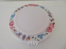 Vintage Art Deco Large Round Ivory Urea Formaldehyde Early Plastic Vanity Trinket Box with Hand Painted Floral Flower Design 1930's