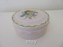 Vintage Art Deco Large Round Ivory Urea Formaldehyde Early Plastic Vanity Trinket Box with Hand Painted Floral Flower Bouquet Design 1930's