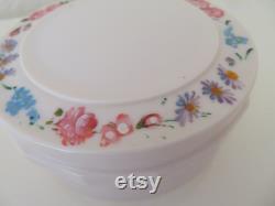 Vintage Art Deco Large Round Ivory Urea Formaldehyde Early Plastic Vanity Trinket Box with Hand Painted Floral Flower Design 1930's