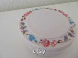 Vintage Art Deco Large Round Ivory Urea Formaldehyde Early Plastic Vanity Trinket Box with Hand Painted Floral Flower Design 1930's