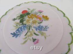 Vintage Art Deco Large Round Ivory Urea Formaldehyde Early Plastic Vanity Trinket Box with Hand Painted Floral Flower Bouquet Design 1930's