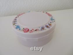 Vintage Art Deco Large Round Ivory Urea Formaldehyde Early Plastic Vanity Trinket Box with Hand Painted Floral Flower Design 1930's