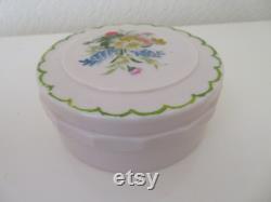 Vintage Art Deco Large Round Ivory Urea Formaldehyde Early Plastic Vanity Trinket Box with Hand Painted Floral Flower Bouquet Design 1930's