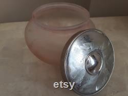 Vintage Art Deco Lidded Glass Powder Dish, Frosted Glass Dish with Silver Coloured Lid,