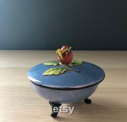 Vintage Art Deco Noritake Japan Blue Lustre Ware Footed Powder Dresser Jar with Flower Bud Top