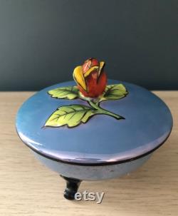 Vintage Art Deco Noritake Japan Blue Lustre Ware Footed Powder Dresser Jar with Flower Bud Top