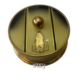 Vintage Art Deco Powder Box Canister Enamel Gold Metal Lid Vanity Piece Yellow 10